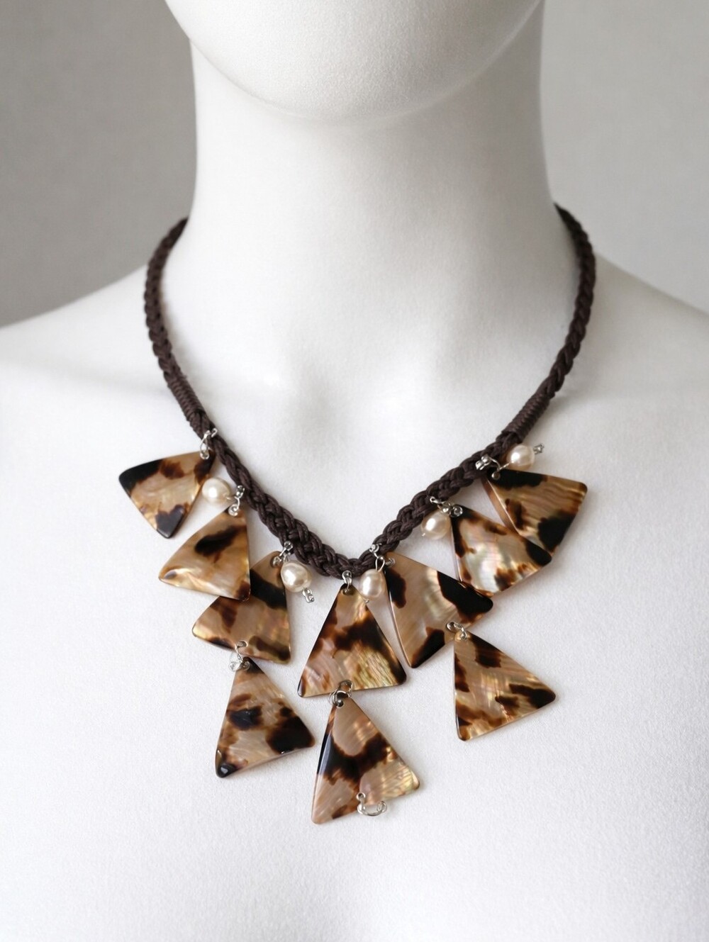 Braided Brown Cord Beaded Seashell Triangle Shape Necklace - Women's Jewelry
